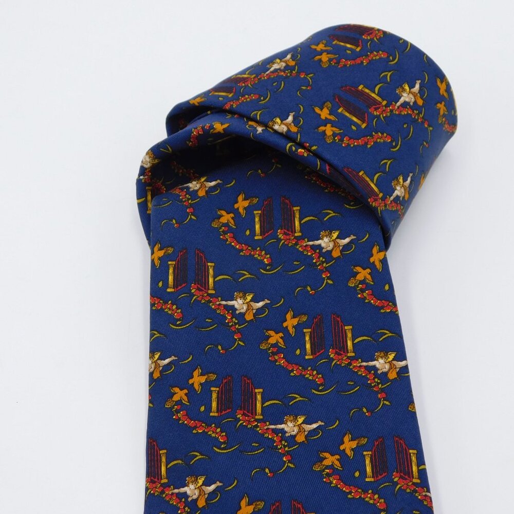 Salvatore Ferragamo Dark Royal Blue Silk Tie | Angels Doves Heaven's Gate | EUC - Picture 6 of 7